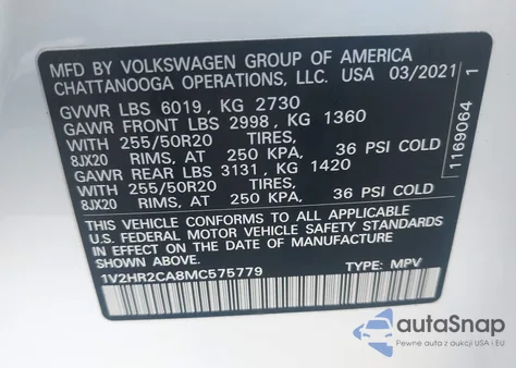 2021 Volkswagen Atlas 3.6L V6 Se W/Technology из США, поврежденный, VIN 1V2HR2CA8MC575779